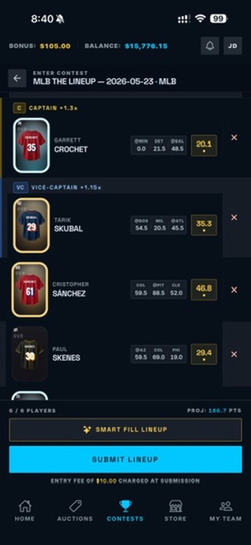 MLB lineup builder — Captain, Vice-Captain, six players, Submit Lineup