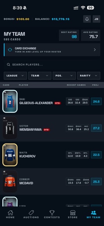 My Team — 585 players, filters by league / team / position / rarity